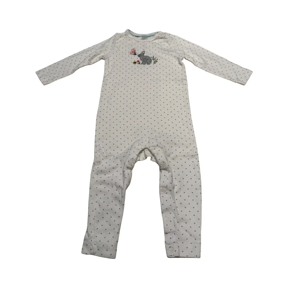 Baby Boden‎ 12-18M White Teal Polka Dot Bunny Embroidered Long Sleeve Romper